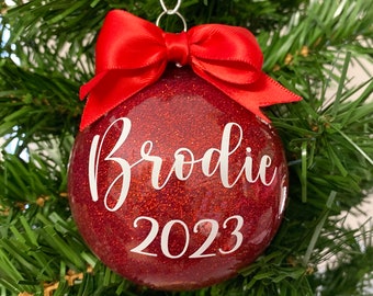 Personalised Christmas Bauble, Glitter Xmas Ornament, Custom Name Year Bauble, Sparkly Family Bauble, Xmas Gift, First Christmas Decoration