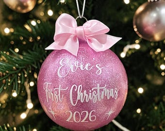 Baby’s First Christmas Bauble, Personalised Glitter Xmas Ornament, My 1st Xmas Bauble, Custom Decoration, Family Baubles, Newborn Xmas Decor