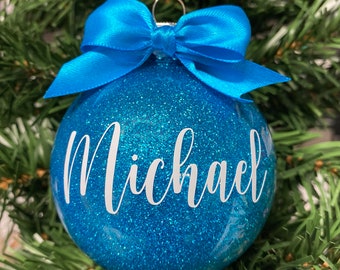 Personalised Christmas Bauble, Glitter Xmas Ornament, Custom Name Bauble, Sparkly Family Bauble, Xmas Gift, First Christmas, Christmas Decor