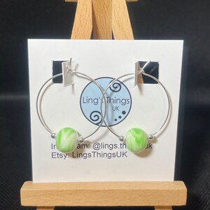 Green patterned lampwork glass bead on sterling silver hoop earrings, Lampwork beads, Handmade,
