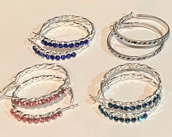 Crystal Large Hoop Earrings  , Boho Hoop Earrings , Blue , Pink , Blue Green , Black and Clear ,Jewelry For Women/Girls