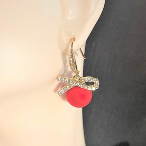 Crystal Bow Knot Red Ball  Dangle Drop Earrings  for Women , Christmas Earrings , Holiday Earrings , Festive Earrings