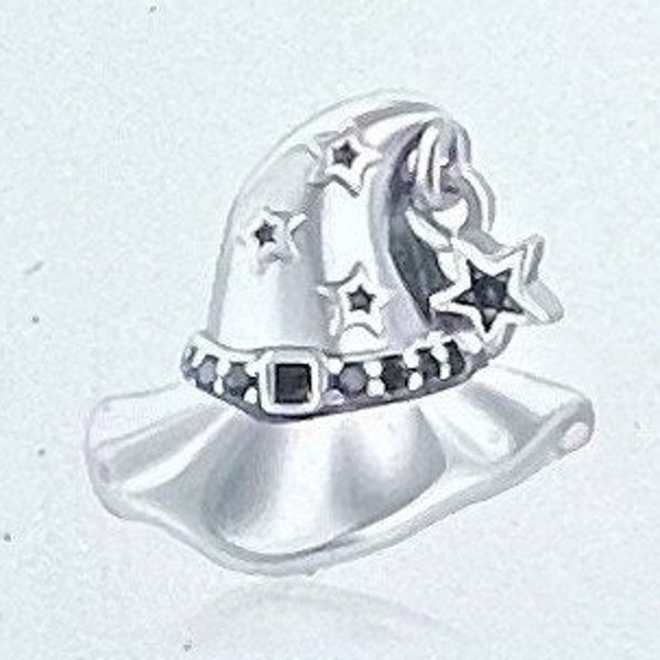 Witch Hat Charm fits Pandora Bracelets , Halloween Black CZ Witch Hat Charm , Halloween Charm , 925 Sterling Silver