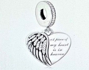 Angel Wings Heart Dangle Charm fits Pandora Bracelets , Memorial Charm , A piece of my heart is in heaven  charm , 925 Sterling Silver