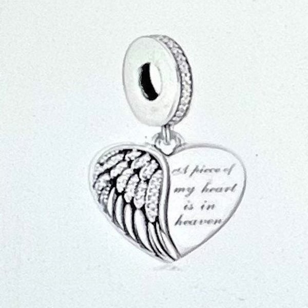 Angel Wings CZ Heart Dangle Charm fits Pandora Bracelets , Memorial Charm , A piece of my heart is in heaven  charm , 925 Sterling Silver