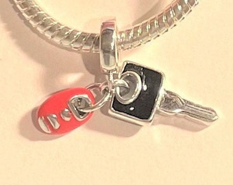 Car Key Alarm Charm  , Fits Pandora Bracelets , Car Keys Dangle Charm , 925 Sterling Silver
