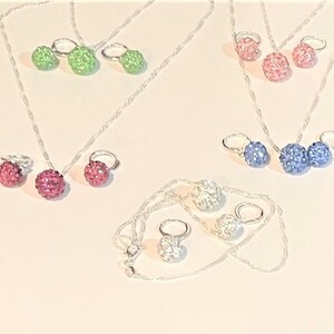 Pave Crystal Ball Necklace and Earrings Set , Jewelry For Women/Girls, Pink, Blue, Green, Clear , CHOOSE COLORS