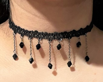 Black Lace Crystal Choker Necklace , Lace Choker necklace , Crystal Beads