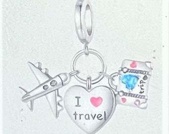 Love to Travel Charm Fits Pandora Bracelets , Airplane Charm , Flying Charm , Suitcase , Heart ,Travel Charm , 925 Sterling Silver