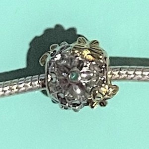 Butterflies Daisy Flower charm Fits Pandora Bracelets , Butterfly Charm , Green CZ , 925 Sterling Silver , Gold