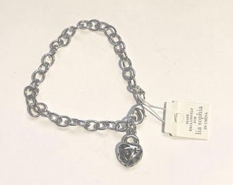 Vintage Retired Lia Sophia Heart Charm Bracelet , Filigree heart , Lovey Dovey Silver Tone Filigree 7" , NIB