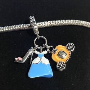 Cinderella Coach & Shoe Charm , Cinderella Pumpkin Coach Charm , Cinderella triple dangle ,for Bracelets  , 925 Sterling Silver,gift for her