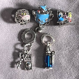 Alice in Wonderland Charms fits Pandora Bracelets , Alice Always , Cheshire Cat , Door knob , Teapot , Alice and Hat , Silver