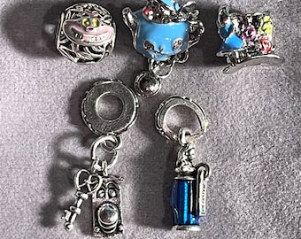 Alice in Wonderland Charms fits Pandora Bracelets , Alice Always , Cheshire Cat , Door knob , Teapot , Alice and Hat , Silver