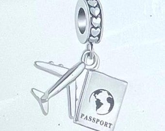 Airplane Passport Dangle Charm , Silver 925 Charm for Bracelet