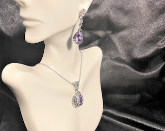 Crystal Teardrop Pendant Necklace Earrings Set , Silver , Crystal Jewelry Set , Choice of Colors