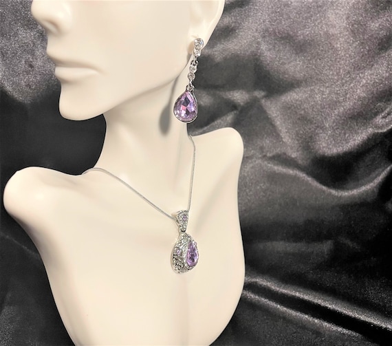 Crystal Teardrop Pendant Necklace Earrings Set , … - image 1