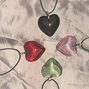 Large Glass Heart Pendant Necklace , red heart , green heart , black heart , Pink heart , Black Cord Necklace