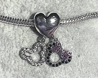 Mickey Mouse & Minnie Mouse Sparkling Head Silhouette Heart Charm , charm for Bracelets , 925 Sterling Silver , gift for her