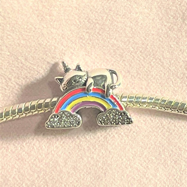 Cat on a Rainbow Charm , Fits Pandora Bracelets , Rainbow Cat , Sleeping Cat , Rainbow , 925 Sterling Silver