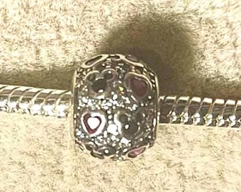 Disney Parks Mickey Mouse Silhouette Charm , Mickey Mouse ,  Charm for Pandora Bracelet , 925 Sterling Silver , CZ , red hearts CZ
