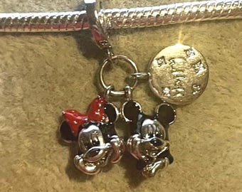 Mickey & Minnie dangle Charm , charm for Pandora Bracelet , 925 Sterling Silver , gift for Her