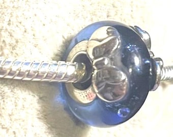 Minnie Mouse Blue Murano Glass Charm , Fits Pandora bracelets , 925 Sterling Silver , gift for her