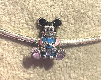 Stitch &  Mickey Mouse Charm , Mickey Mouse and Stitch , Cartoon Charm , Charm for Bracelets , 925 Sterling Silver