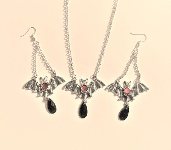 Gothic Bat Necklace & Earrings Set , Flying Bat J… - image 1