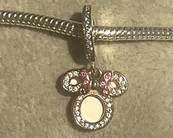 Minnie Mouse Silhouette Mom Double Dangle Charm , Pandora fit Charm , Gifts for Her , 925 Sterling Silver, 14K Rose Gold , gift for her