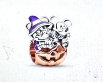 Mickey Mouse & Minnie Mouse Halloween Pumpkin Charm , 925 Sterling silver, 14k rose gold plating , gift for her