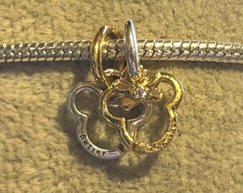 Disney Mickey Mouse & Minnie Mouse Splittable Dangle Charm Set ,  fits Pandora Bracelet , 925 Sterling Silver, 14K Gold plating,gift for her