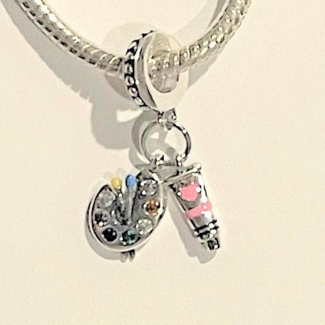 Artist's Paint Palette Dangle Charm , Fits Pandora Bracelets , Multi CZ
