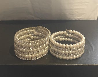 Pearl & Crystal Coil Bracelet , Pearl Bangle , 5 row or 7 row , Statement Bracelet , Wedding jewelry ,Gift for Her, one size fits most