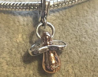 Baby Pacifier Dangle Charm , Fits Pandora Bracelets , Pacifier Charm , 925 Sterling Silver , gift for her
