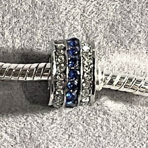 Channel Set Blue Sapphire CZ Charm fits Pandora Bracelets , Clear Sapphire , Silver