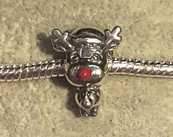 Rudolph the Red Nose Reindeer Charm , fits Pandora Bracelets , Holiday Charm , Christmas Charm , Winter Charm , 925 Sterling Silver