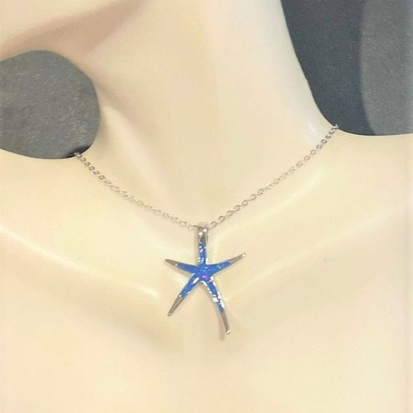 Faux Fire Opal Starfish Necklace , Blue Starfish Necklace , Pendant Necklace for Women