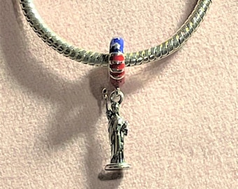 Statue of Liberty Charm , Fits Pandora Bracelets , Patriotic Charm , USA Charm , Red White & Blue , 925 Sterling Silver