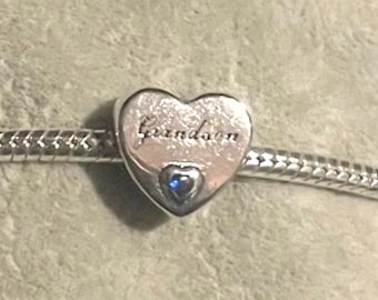 Grandson Heart Charm, Grandson , Blue CZ , 925 Sterling Silver, Pandora Compatible