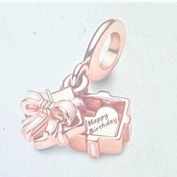 Happy Birthday Gift Openable Dangle Charm fits Pandora Bracelets , Birthday Charm, Birthday Box Charm ,925 Sterling Silver, Rose Gold Plated