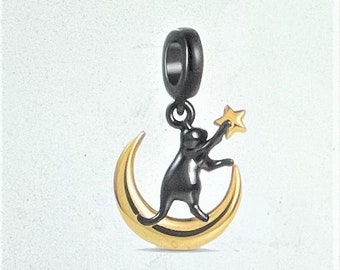 Cat on the Moon Dangle Charm fits Pandora Bracelets , Black Cat charm , Moon and Stars Charm , Animal Charm , 925 Sterling Silver