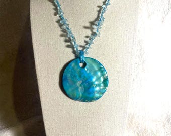 Blue Glazed Seashell Beaded Necklace , Shell disc , Statement Necklace