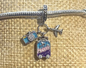 Happy Travel suitcase camera plane Charm , Travel the World , Fits Pandora Bracelets , Travel Charm , 925 Sterling Silver, gift for her