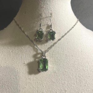 Peridot Green CZ Rectangle Pendant Necklace and Earrings Set, Gift for Women