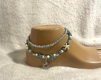 Double bracelet de cheville réglable en perles, étoiles de mer Dolphins & Howlite, bracelet de cheville de plage, bracelet de cheville empilable