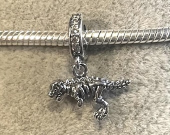 T-Rex dinosaur Dangle Charm , Fossil charm , Fits Pandora Bracelets , 925 Sterling Silver , gift for her