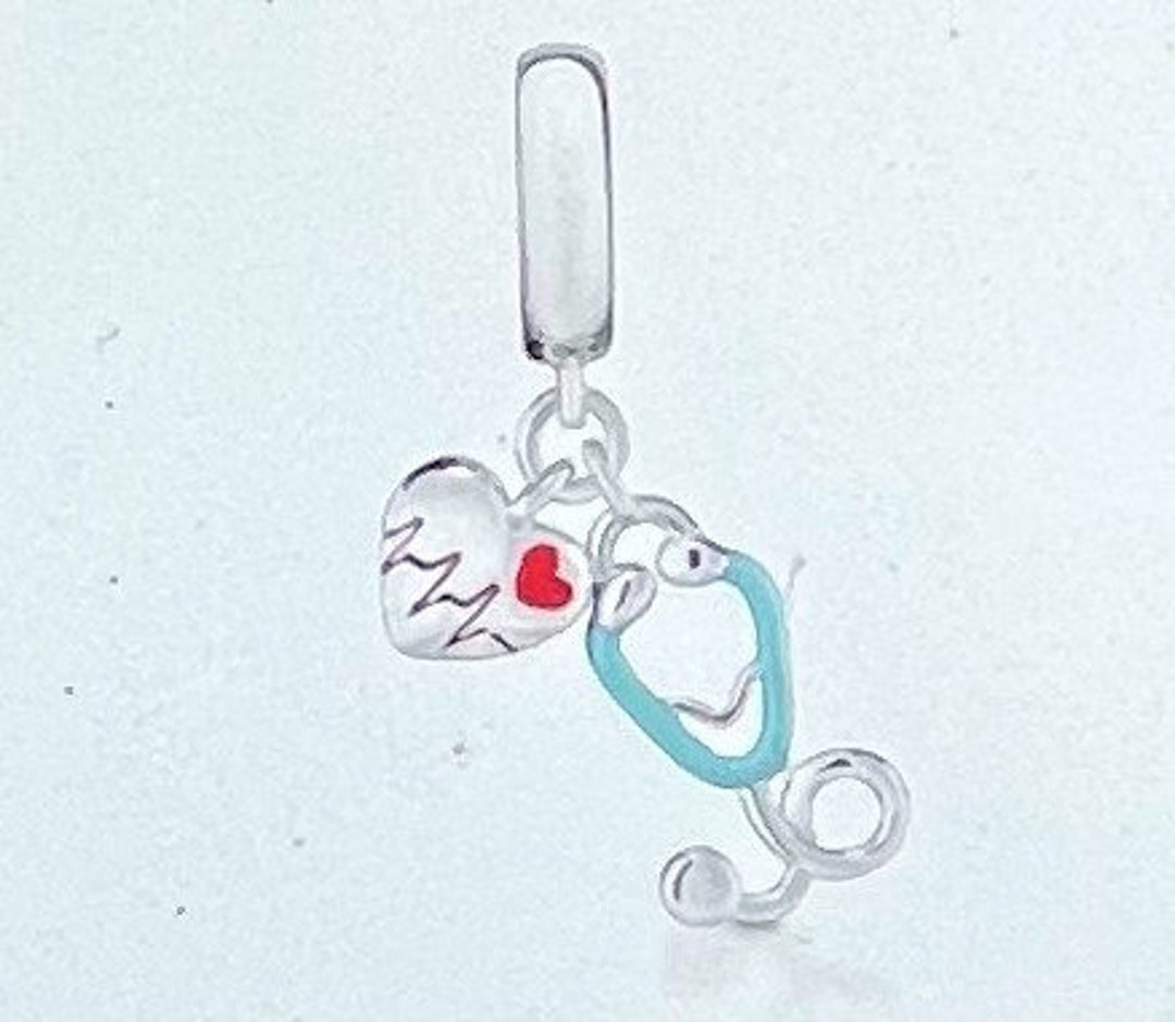 Charm for Pandora Bracelet , Blue Stethoscope Heartbeat Heart Charm, Medical Charm , Heartbeat , Nurse Charm , Doctor Charm , 925 SS