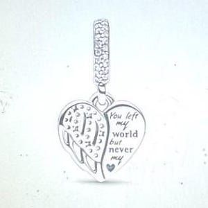 Heart & Angel Dangle Charm Dangle fits Pandora Bracelet , Memorial Charm , CZ Angel Wings , Sterling Silver , Keepsake Charm , Gift for Her
