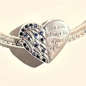 Angel Wings Heart Charm Fits Pandora Bracelets , You will Always Be A Part of Me , Blue CZ Heart, In Memory , Always , Remembrance , 925 SS